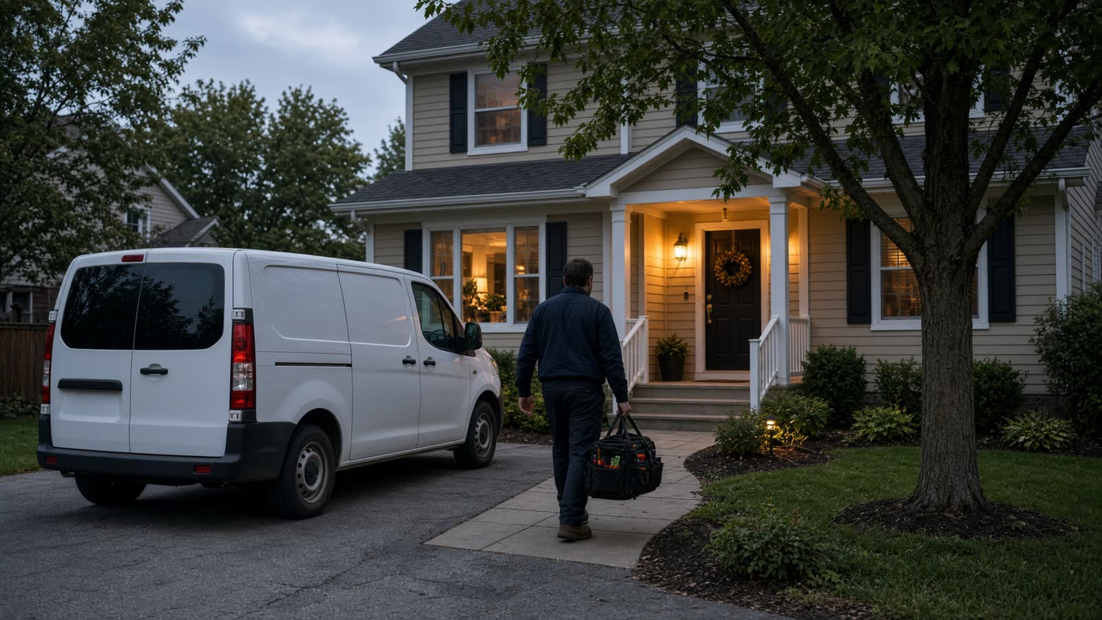 Service van arriving at a suburban home (actors/models depicted)