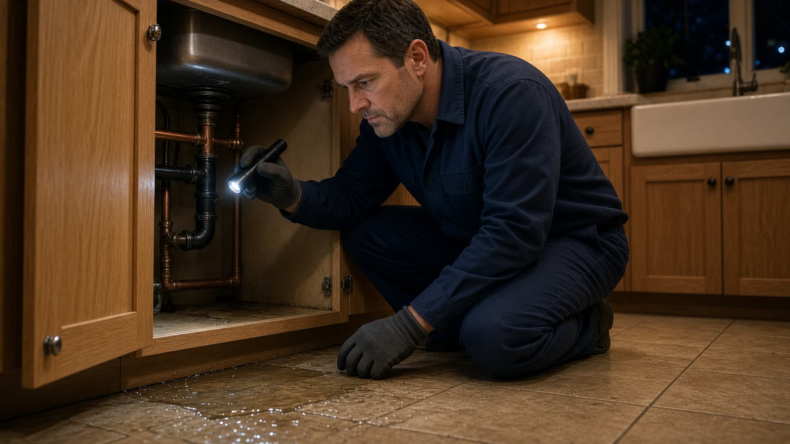 Plumber repairing a kitchen leak at night (actors/models depicted)